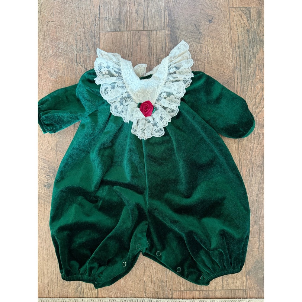 Rare Editions Vintage Velvet Lace Romper Baby Girl 6M Green Rose Holiday